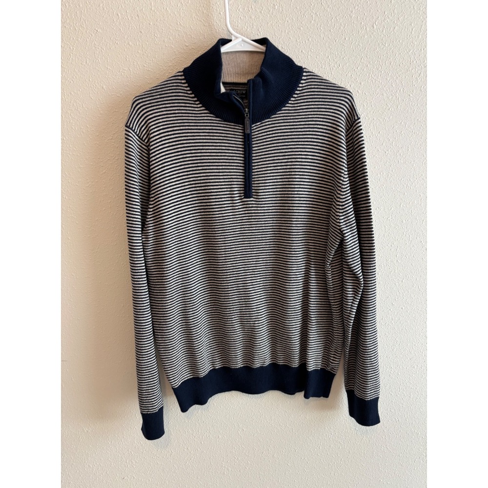 J.Crew Quarter Zip Sweater Mens M Blue Ivory Striped Cotton Pullover Classic
